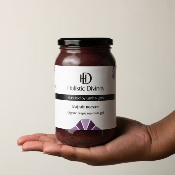 Majestic Treasure | Organic Purple Sea Moss Gel | Holistic Divinity | 550ml | Jar of purple seamoss gel in black person hand | Alkaline