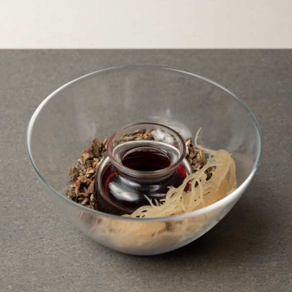 Detoxification | Organic Gold Sea Moss Gel Herbal Infusion | Glass bowl with gold seamoss, black seed oil, burdock root, alkaline