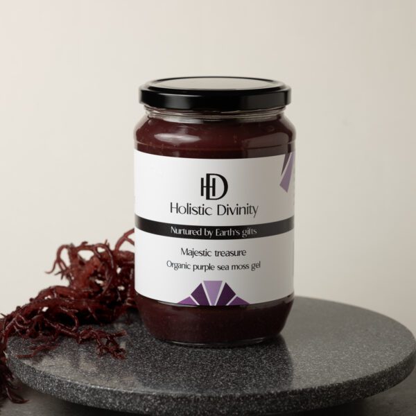 Majestic Treasure | Organic Purple Sea Moss Gel | Holistic Divinity | 720ml | Jar of purple seamoss on dark marble slab with purple sea moss