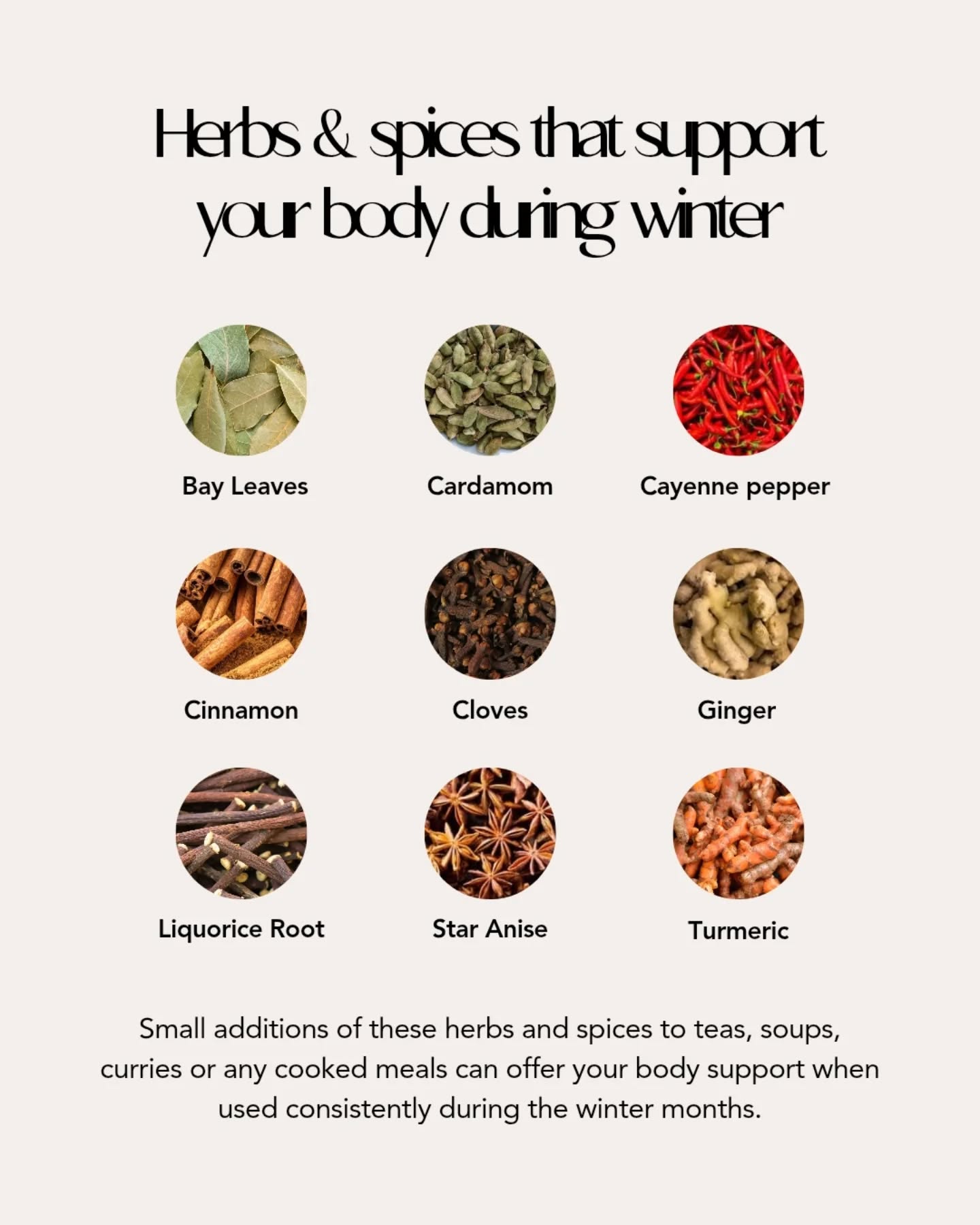 The winter cold can feel quite harsh for the body. Many traditional herbal systems focus on warming herbs and spices during colder months to support circulation, digestion, and respiratory comfort to combat the cold and damp weather conditions.  These herbs and spices have long histories of use in winter blends for their warming, supportive properties.  Even adding a small amount to teas, curries, or cooked meals can offer your body support when used consistently.   Choose what feels good for you. 🫚☕✨  #herbalwisdom #holisticwellness #naturalwellbeing #plantknowledge 
#herbaleducation
