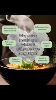 Warm meals are officially winter’s ultimate love language. 🍲💞  There is something so comforting about a nourishing warm meal during the colder months. Not only does it warm you up, it helps support, digestion, metabolism, organ function, circulation and so much more.  So ditch the salad and give yourself some love in the form of a warm meal. You won't regret it!  What's your go to dish? Let me know in the comments ✨  #winterwellness #seasonaleating #nourishingfood #holisticnutrition #lovelanguage
